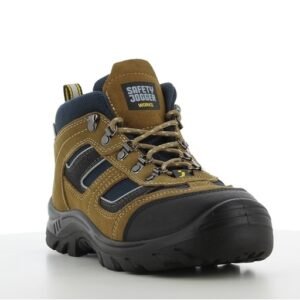 Giày X2000 cổ lửng góc 3/4 phía trước, mũi bọc cao su đen, logo Safety Jogger trên lưỡi gà, dây buộc be lên tới cổ