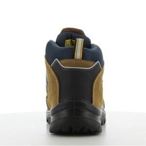 Giày Safety Jogger X2000 nhìn từ phía sau, cổ lửng đệm xanh navy, quai kéo sọc vàng, gót bọc cao su đen, viền phản quang
