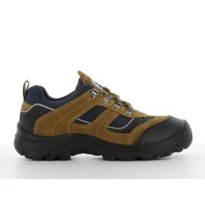 Giày bảo hộ Safety Jogger X2020P thấp cổ, da lộn màu bò phối lưới xanh navy, mũi bọc cao su đen, đế đen gai lớn, nhìn ngang