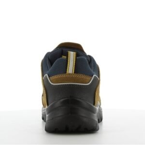 Giày Safety Jogger X2020P nhìn từ phía sau, gót bọc cao su đen, viền phản quang mảnh, quai kéo sọc vàng, cổ đệm xanh navy