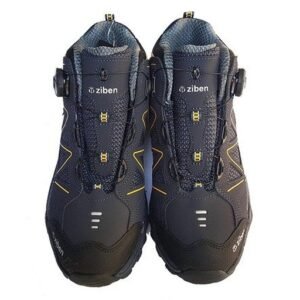 Đôi giày Ziben-166 cổ cao xanh navy nhìn thẳng từ phía trước, núm vặn khóa dây trên lưỡi gà, logo ziben trên mũi