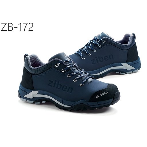 Đôi giày bảo hộ Ziben ZB-172 xanh navy thấp cổ, viền xám, dây buộc, mũi bọc đen, đế đen, nền trắng có chữ ZB-172