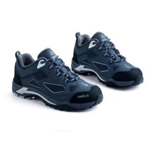 Đôi giày bảo hộ Ziben ZB-162 da lộn xanh navy phối mesh, viền xám, mũi bọc đen, đế đen, nhìn nghiêng nền trắng