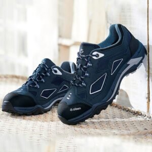 Ảnh thực tế đôi giày bảo hộ Ziben ZB-162 xanh navy đặt trên kệ, logo ziben bên hông, viền xám, mũi đen