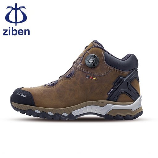 Giày Ziben ZB206 nhìn ngang mặt ngoài, cổ lửng da nâu, núm vặn khóa dây, đế trắng xám, logo hãng ở góc