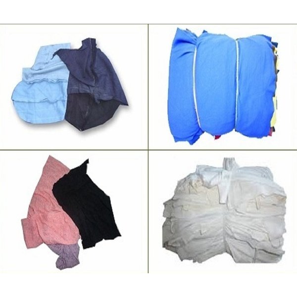 Giẻ lau cotton màu gồm vải xanh nhạt, xanh than, hồng, đen để rời và các kiện giẻ đóng gói buộc dây, bố cục bốn ô