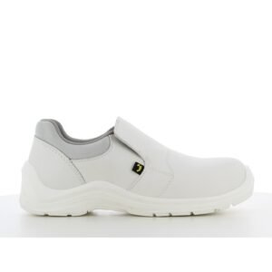 Giày bảo hộ Safety Jogger Gusto S2 SRC màu trắng kiểu lười, nhìn ngang mặt ngoài, chun cổ xám, đế PU/PU trắng gai thấp