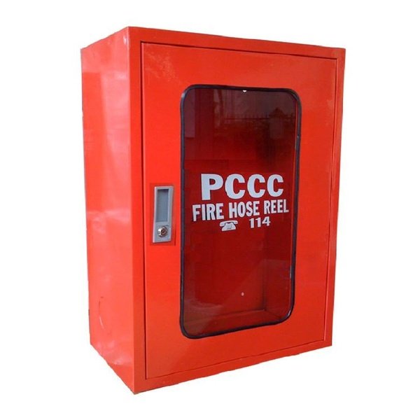Hộp đựng bình cứu hỏa cỡ nhỏ 400x600x220 sơn đỏ, cửa ô kính trong suốt có chữ PCCC, tay khóa bên trái, góc nhìn 3/4