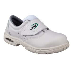 Giày bảo hộ Hans HS-202-AIR màu trắng, quai dán có logo Hans, đệm khí ở gót, lỗ thoáng bên hông, nhìn chéo phía trước