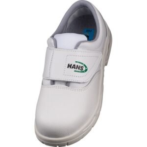 Giày Hans HS-202-AIR nhìn từ trên xuống, quai dán trắng in logo Hans xanh, cổ lót xanh nhạt, mũi trắng tròn