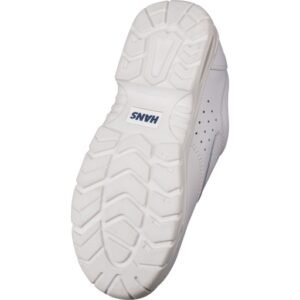 Đế giày Hans HS-202-AIR nhìn từ dưới, cao su trắng có gai dạng gợn và rãnh chéo, chữ Hans ở giữa đế