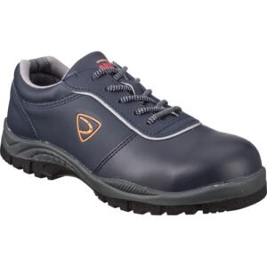 Giày bảo hộ Hans HS-304NR xanh navy nhìn chéo mặt ngoài, logo tam giác cam, viền xám, dây navy, đế xám đen