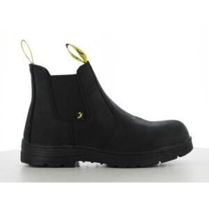 Boot bảo hộ Safety Jogger Jackman S3 HRO SRC kiểu chelsea đen, chun co giãn hai bên, quai kéo vàng, đế cao su đen