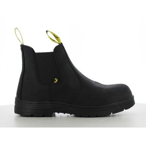 Boot bảo hộ Safety Jogger Jackman S3 HRO SRC kiểu chelsea đen, chun co giãn hai bên, quai kéo vàng, đế cao su đen