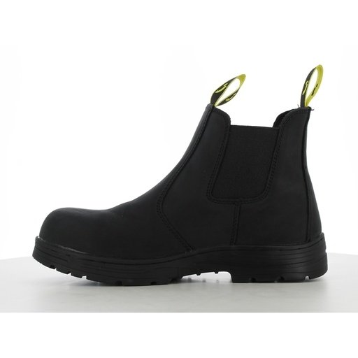 Mặt trong boot Jackman kiểu chelsea đen, mảng chun co giãn ở cổ, quai kéo vàng, đế cao su đen gai lớn