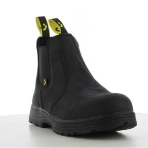 Boot Jackman S3 góc 3/4 phía trước, mũi đen tròn chứa mũi thép, hai quai kéo vàng có logo, chun bên cổ