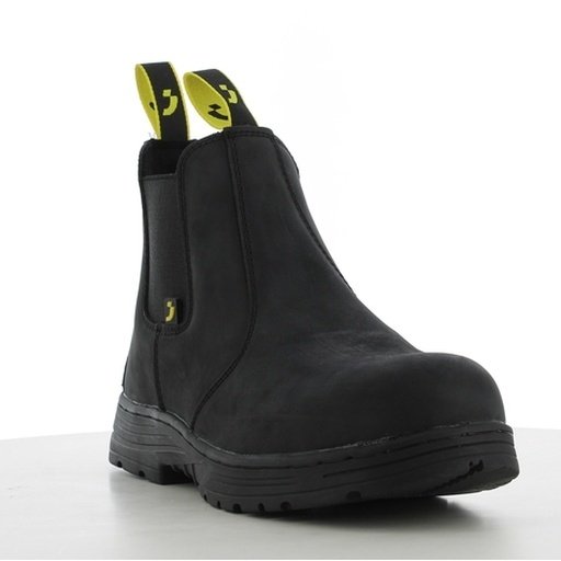 Boot Jackman S3 góc 3/4 phía trước, mũi đen tròn chứa mũi thép, hai quai kéo vàng có logo, chun bên cổ