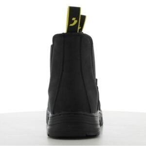 Boot Safety Jogger Jackman nhìn từ phía sau, quai kéo vàng ở gót, cổ chelsea đen, đế cao su bản rộng