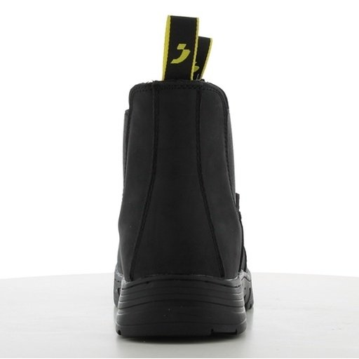 Boot Safety Jogger Jackman nhìn từ phía sau, quai kéo vàng ở gót, cổ chelsea đen, đế cao su bản rộng