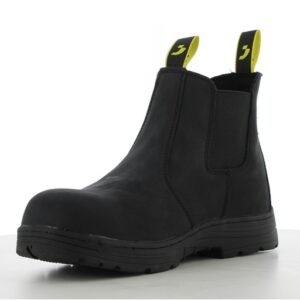 Boot chelsea bảo hộ Jackman nhìn chéo từ mặt trong, thân đen, chun cổ, quai kéo vàng, đế cao su đen gai lớn