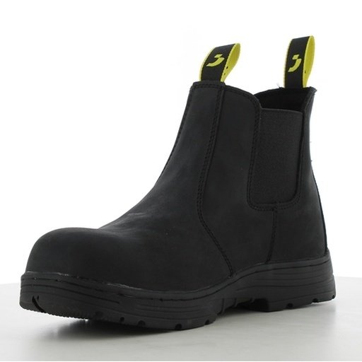 Boot chelsea bảo hộ Jackman nhìn chéo từ mặt trong, thân đen, chun cổ, quai kéo vàng, đế cao su đen gai lớn