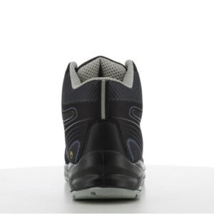 Giày Safety Jogger Cador S1P Mid nhìn từ phía sau, cổ lửng lót xám, quai kéo, gót đen viền xám, đế bản rộng