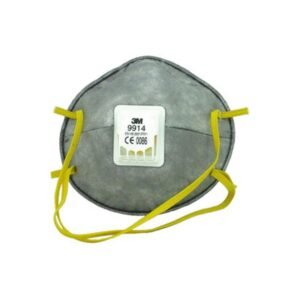Khẩu trang 3M 9914 dạng chén màu xám có van thở trắng hình vuông ở giữa, hai quai đeo màu vàng đàn hồi buông phía dưới