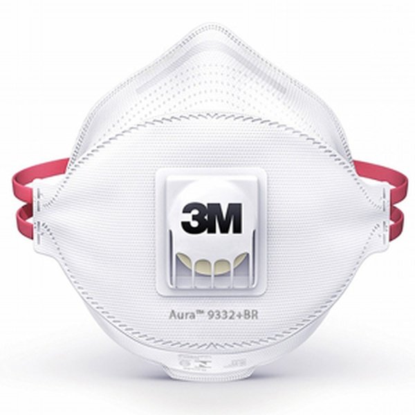 Khẩu trang KT5 dạng gấp ba mảng màu trắng, van thở vuông có logo 3M ở giữa, quai đeo màu đỏ hai bên, nhìn chính diện