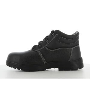 Mặt trong giày Safety Jogger Labor S3 cổ lửng, da đen vân nhám, đường may chỉ xám, cổ đệm, đế đen dày