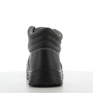 Giày Safety Jogger Labor S3 nhìn từ phía sau, gót da đen có quai kéo, cổ cao đệm dày, đế Phylon/Rubber đen