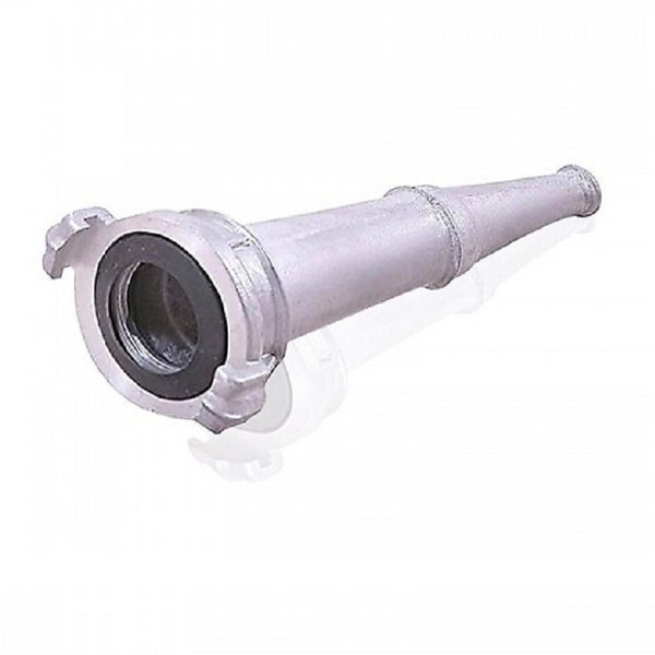Lăng phun cứu hỏa D50 kim loại bạc, khớp nối ngàm vấu lót gioăng đen ở đầu lớn, thân côn có gờ cầm nắm, miệng phun nhỏ