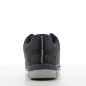 Giày Safety Jogger Ligero S1P nhìn từ phía sau, gót lưới xanh than có dải phản quang dọc, đế Phylon xám dày