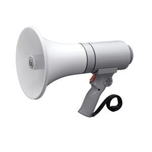 Loa cầm tay 25W màu trắng bạc dáng phễu, tay cầm súng có cò nói, dây đeo đen, đặt nghiêng trên nền trắng