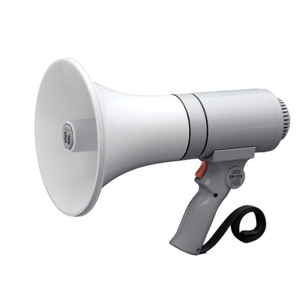 Loa cầm tay 50W màu trắng bạc, phễu loa lớn hướng sang trái, tay cầm có cò bấm và dây đeo màu đen bên dưới