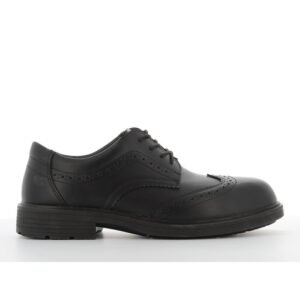 Giày bảo hộ Safety Jogger Manager S3S kiểu giày tây brogue màu đen nhìn ngang, da Nappa đục lỗ trang trí, đế PU/PU đen