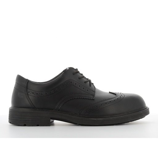 Giày bảo hộ Safety Jogger Manager S3S kiểu giày tây brogue màu đen nhìn ngang, da Nappa đục lỗ trang trí, đế PU/PU đen