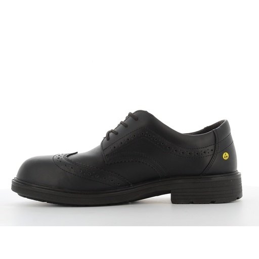 Mặt trong giày Safety Jogger Manager S3S brogue đen, đường đục lỗ trang trí, da Nappa bóng, đế PU/PU đen phẳng