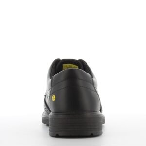 Giày Safety Jogger Manager S3S nhìn từ phía sau, gót da đen bóng, lót trong có nhãn vàng, logo ESD, đế PU đen