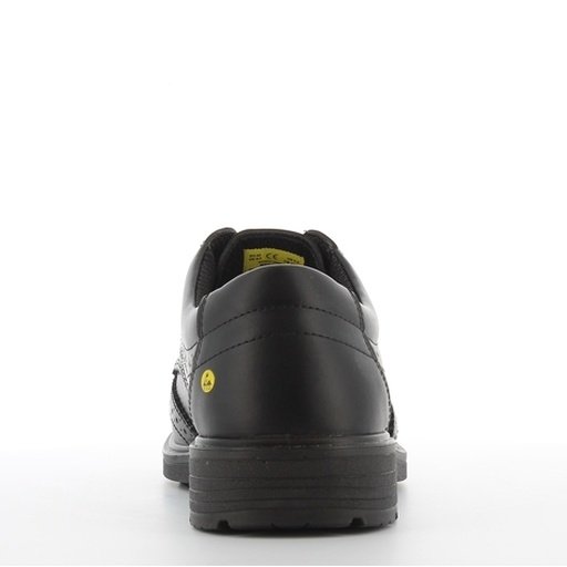 Giày Safety Jogger Manager S3S nhìn từ phía sau, gót da đen bóng, lót trong có nhãn vàng, logo ESD, đế PU đen