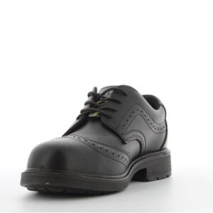Giày Manager S3S góc 3/4 mặt trong, da Nappa đen đục lỗ brogue, dây buộc mảnh, đế PU/PU đen chống dầu
