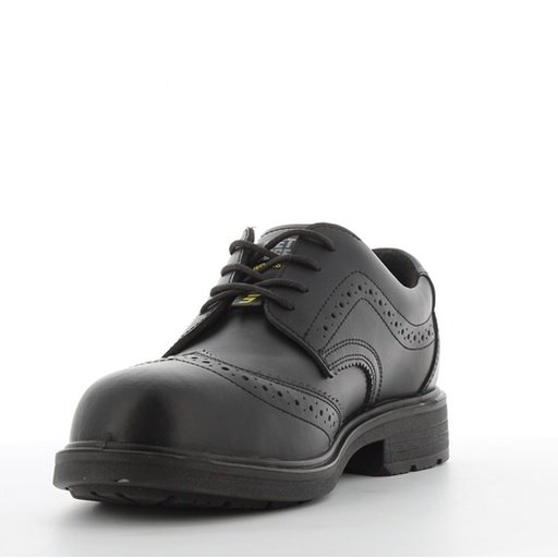 Giày Manager S3S góc 3/4 mặt trong, da Nappa đen đục lỗ brogue, dây buộc mảnh, đế PU/PU đen chống dầu
