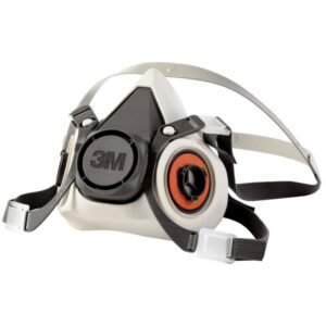 Mặt nạ nửa mặt 3M 6100/6200 màu xám đậm viền trắng, hai cổng gắn phin viền cam, logo 3M ở van thở, dây đeo đầu nhiều nhánh