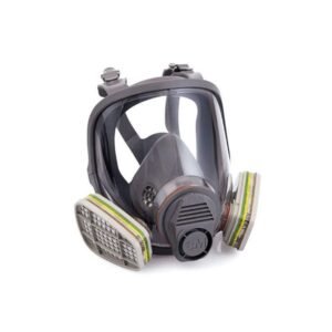 Mặt nạ 3M 6800 toàn mặt màu xám với kính che rộng, dây đeo đầu nhiều nhánh và hai phin lọc gắn hai bên phần miệng