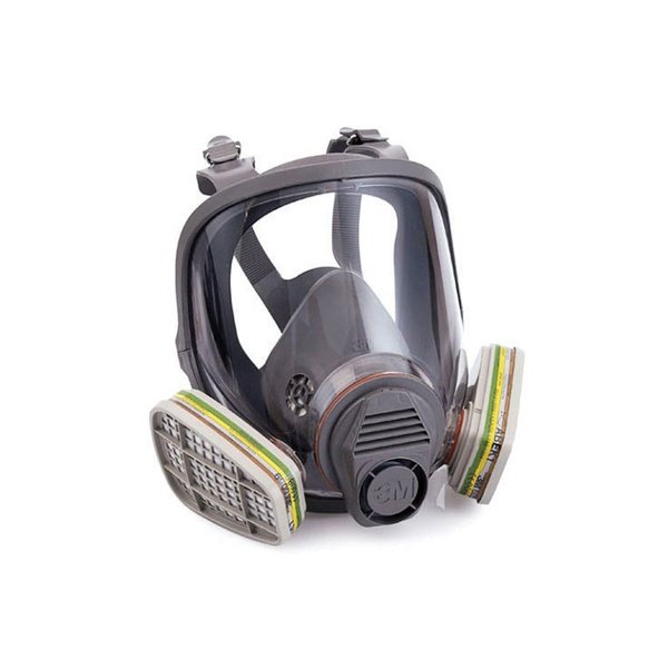 Mặt nạ 3M 6800 toàn mặt màu xám với kính che rộng, dây đeo đầu nhiều nhánh và hai phin lọc gắn hai bên phần miệng