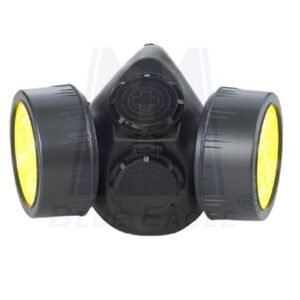 Mặt nạ phòng độc Blue Eagle NP306 nửa mặt màu đen với hai phin lọc tròn mặt vàng gắn hai bên má, van thở ở giữa