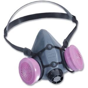 Mặt nạ phòng độc Honeywell 550030M nửa mặt màu xám, hai phin lọc tròn màu tím hồng hai bên, van thở đen ở giữa, dây đeo đầu