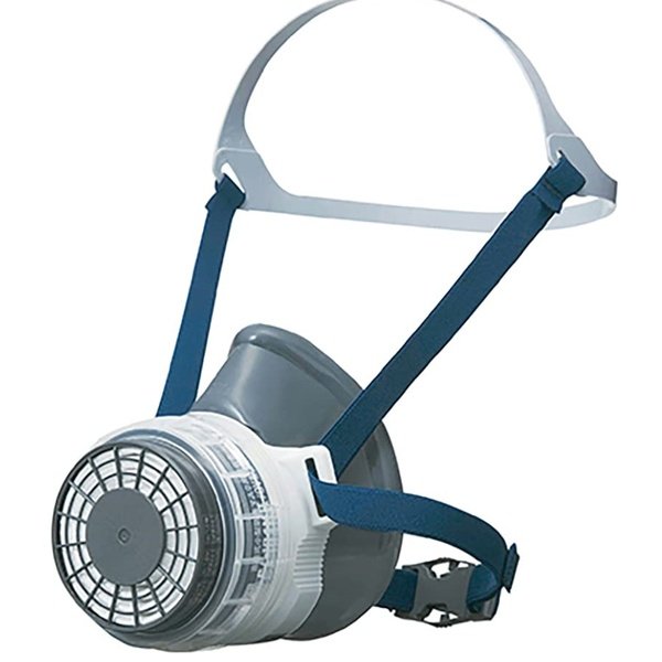 Mặt nạ phòng độc Shigematsu GM76-S nửa mặt màu xám xanh, phin lọc tròn trắng gắn bên hông, dây đeo đầu xanh than có khung đỡ