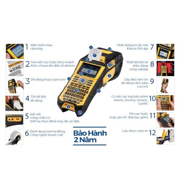 Infographic 12 tính năng máy in nhãn Brady BMP61: màn hình màu, tem liên tục, thay cuộn dễ, cổng USB, in 300 dpi, dây đeo