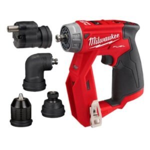 Máy khoan đa năng 4 đầu Milwaukee M12 FDDXKIT-0X thân đỏ đen, bên cạnh là bốn đầu thay: đầu kẹp, đầu góc, đầu lục giác, đầu lệch tâm