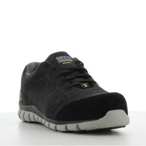 Giày bảo hộ Morris S1P góc 3/4 phía trước, mũi ốp đen, nhãn Safety Jogger trên lưỡi gà, đế xám nhạt gai khối